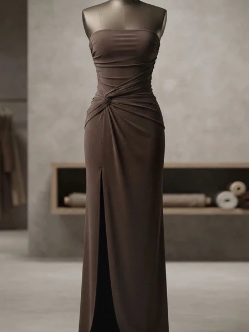 Strapless Twist-Knot Floor-Length Dress in Brown